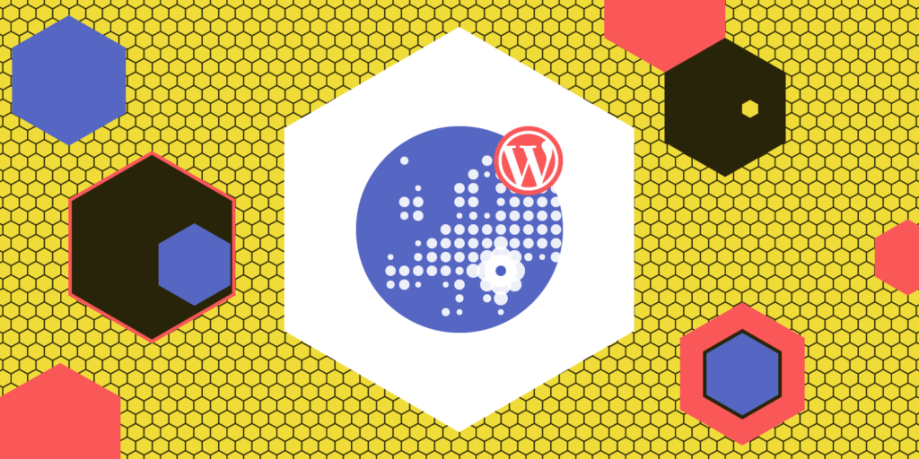 WordCamp Europe 2018 artwork: a dotted map of Europe with the WordPress logo, in a white hexagon on a yellow honeycomb pattern with blue, red and black hexagons