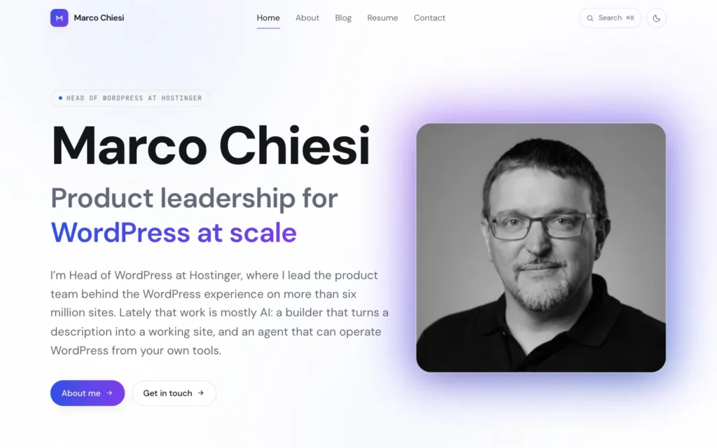 The home page of the Astro version: the same layout, text and portrait as the other two.