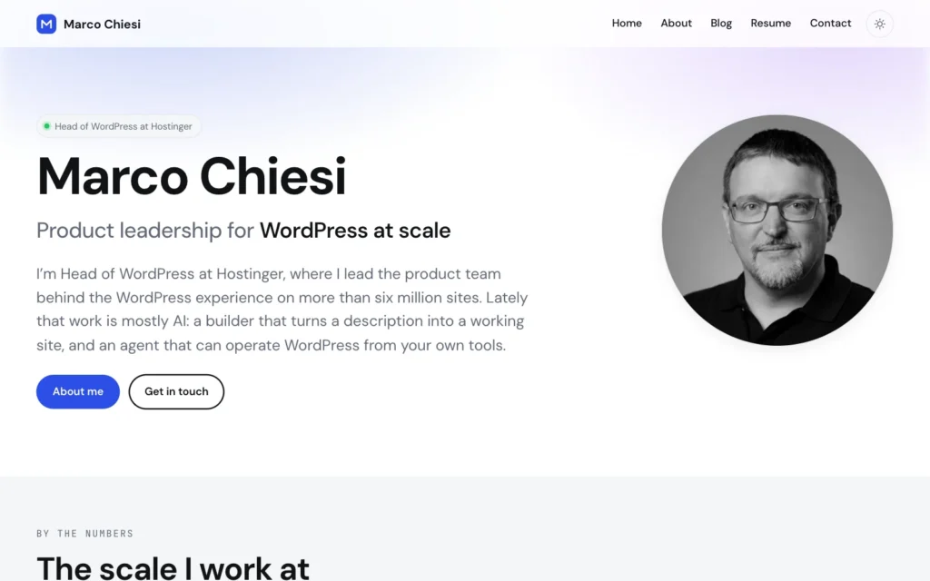 The home page of the WordPress version: the name Marco Chiesi, the line Product leadership for WordPress at scale, a short introduction, two buttons and a black-and-white portrait.